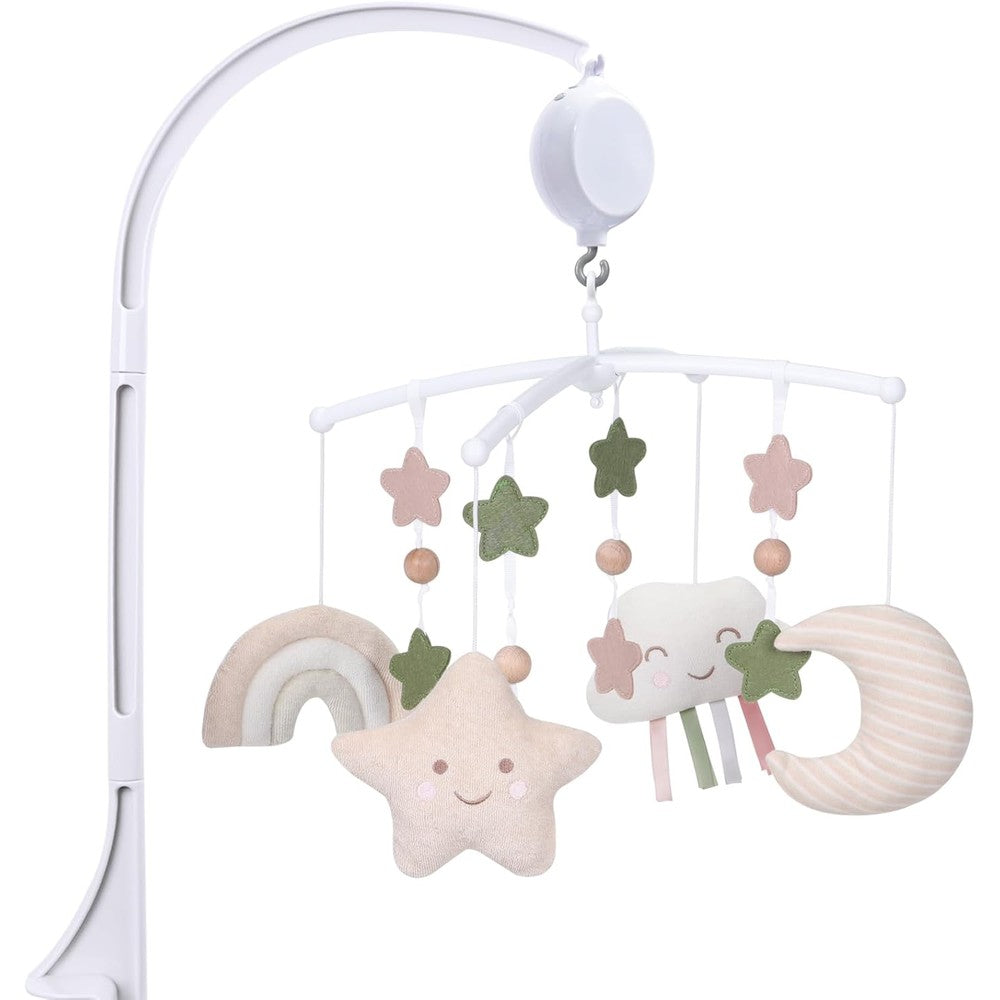 COTTONBEBE crib mobile front view displaying organic cotton hanging star toys over a modern white nursery cot