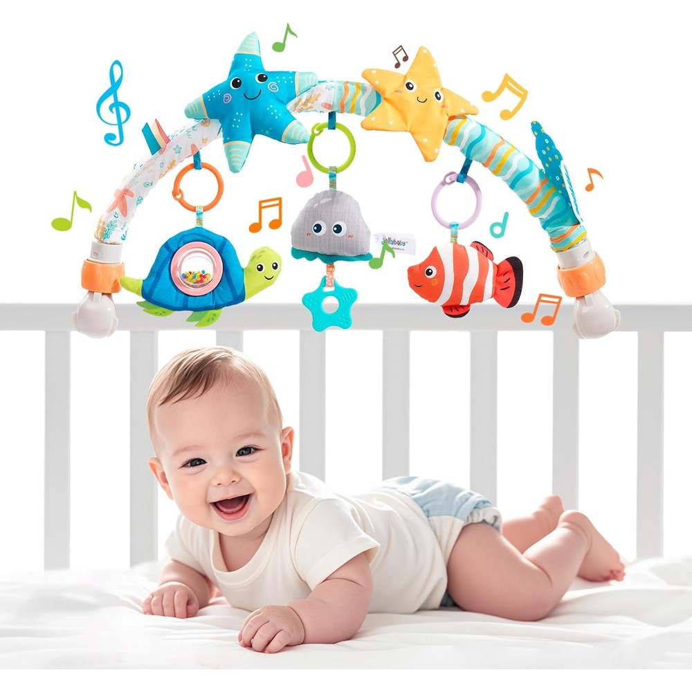 Jollybaby musical bassinet stroller crib mobile toy front view featuring plush starfish activity arch.