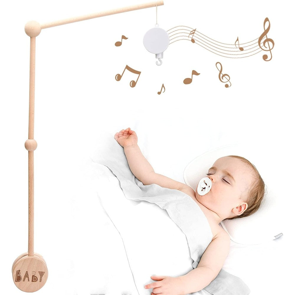 JETM·HH baby crib mobile arm wooden holder front view mounted on a nursery cot