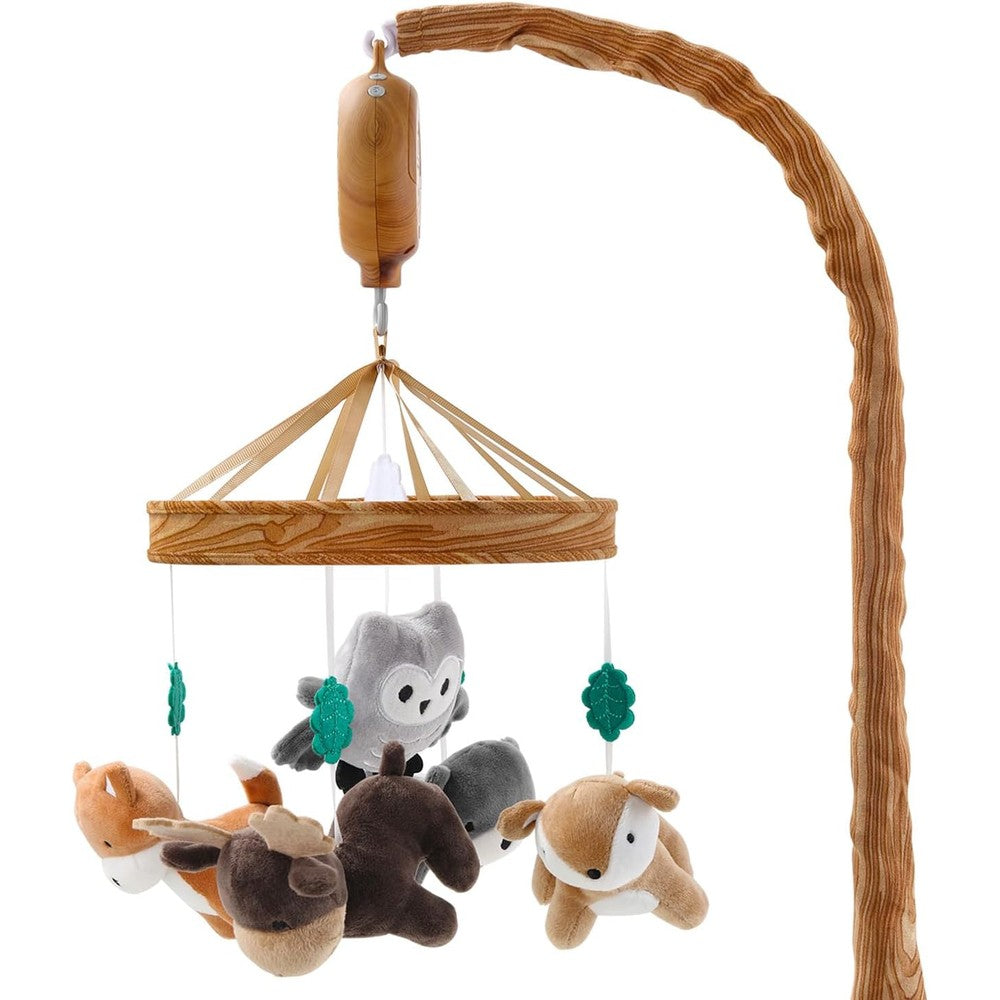 The Peanutshell Whimsical Woodland crib mobile front view showcasing plush forest animals and woodgrain arm.