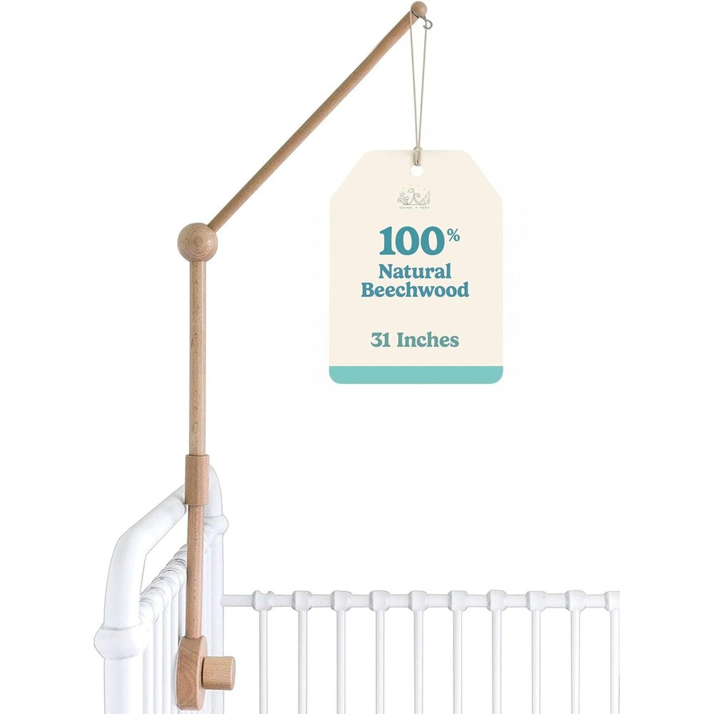 Sorrel and Fern wooden baby crib mobile arm front view installed on a minimalist nursery cot.