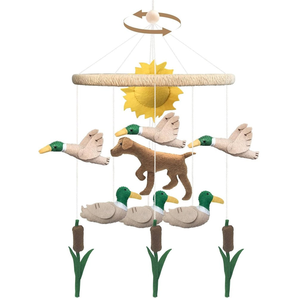 Teeloray mallard duck baby crib mobile front view hanging over a wooden cot.