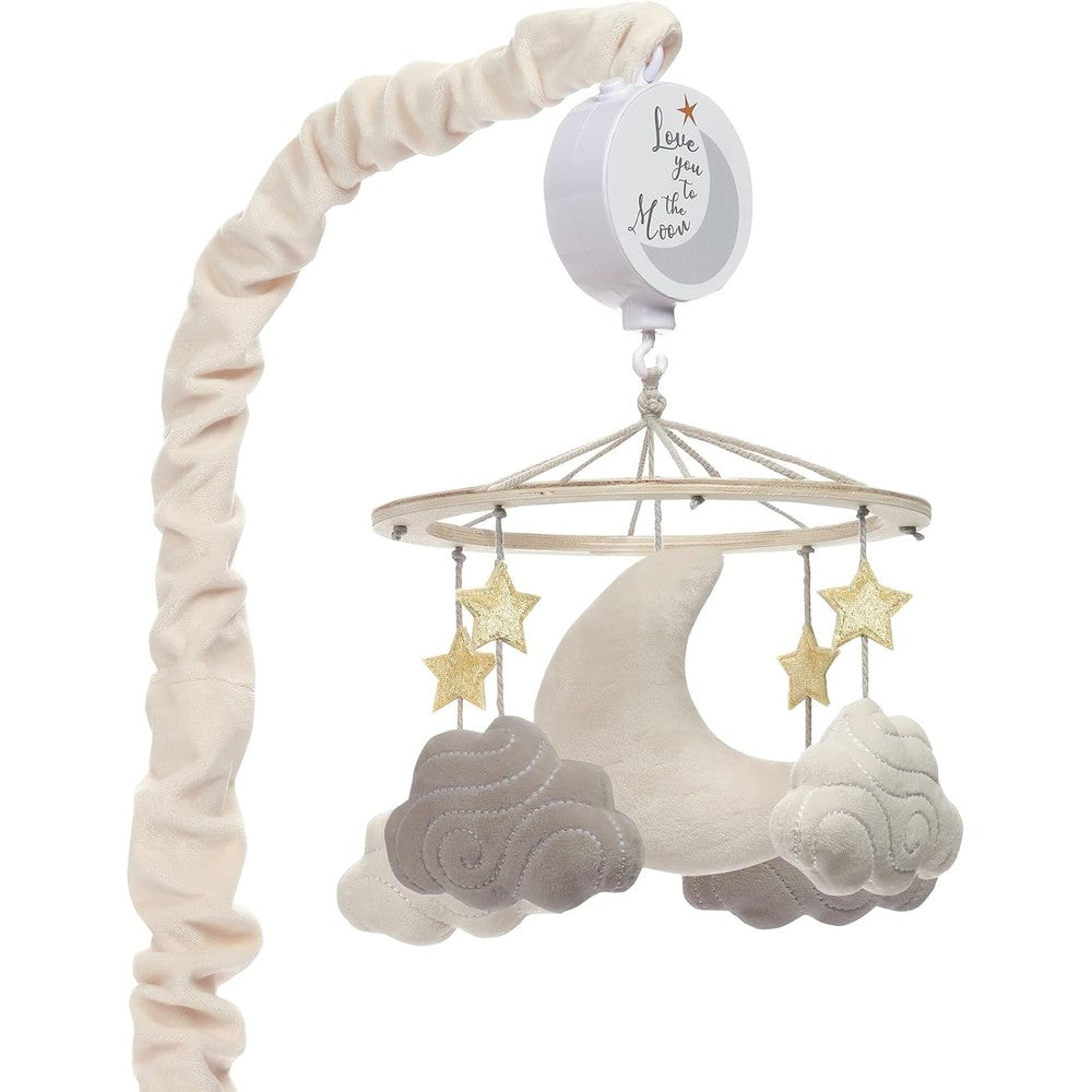 Lambs & Ivy Goodnight Moon Musical Baby Crib Mobile front view showcasing the rotating plush clouds and stars hanging over a nursery cot.