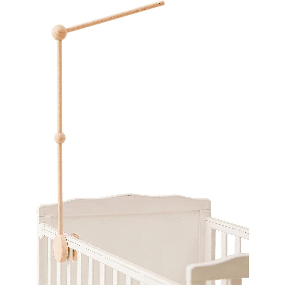 Hi Baby Monment wooden crib mobile holder front view attached to a modern baby nursery cot.
