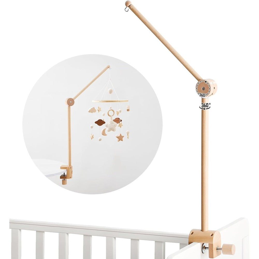 Let's Make Baby Crib Mobile Arm front view of upgraded arched base attached to a wooden nursery cot.