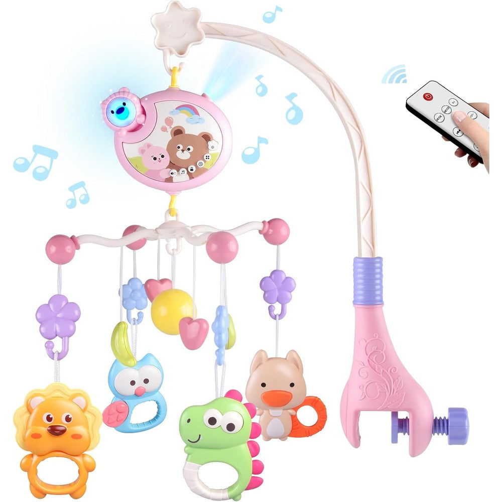 Huanger baby crib musical mobile front view showing pink unicorn design
