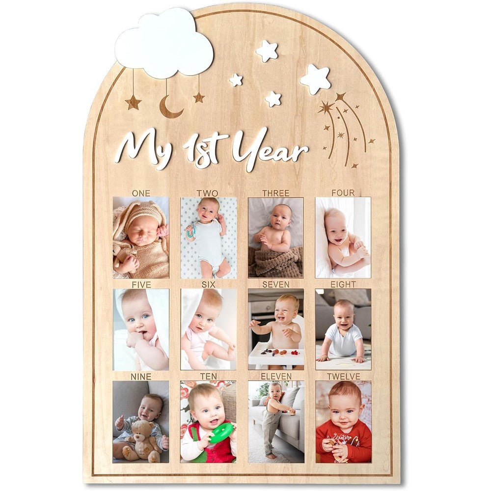 Pdryly My First Year Wooden Photo Board 12 Months Milestone Picture Frame For Baby Birthday Nursery Decoration Star Design 17 Inch By 12 Inch - Image 1