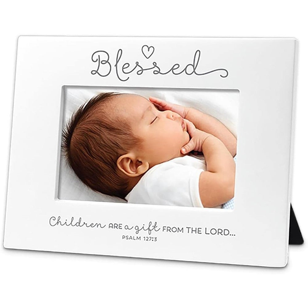 Lighthouse Christian Products Blessed Baby tabletop photo frame front view featuring Psalm 127:3 scripture verse.