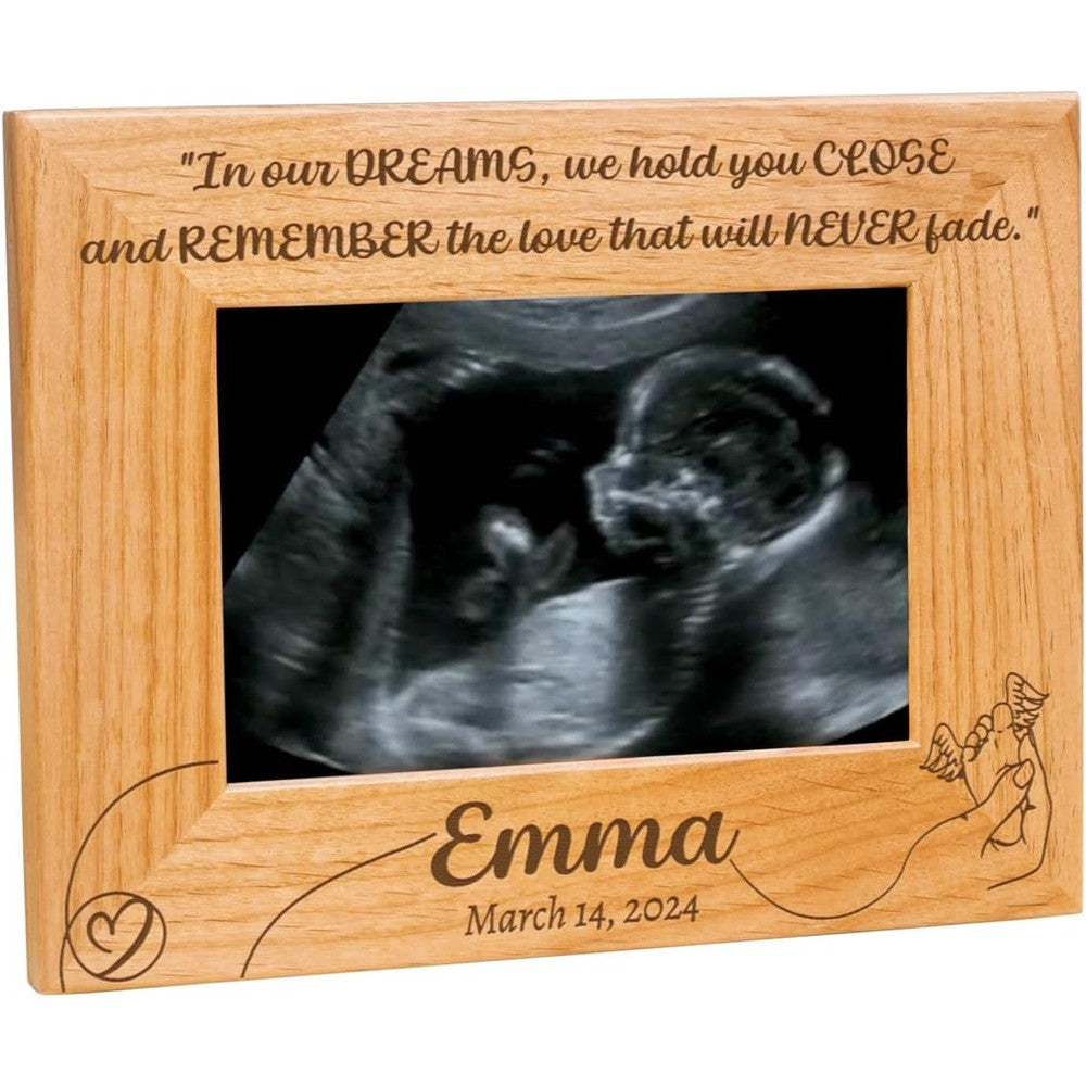 Plaquemaker customized miscarriage memorial wood photo frame front view showcasing laser engraving details.