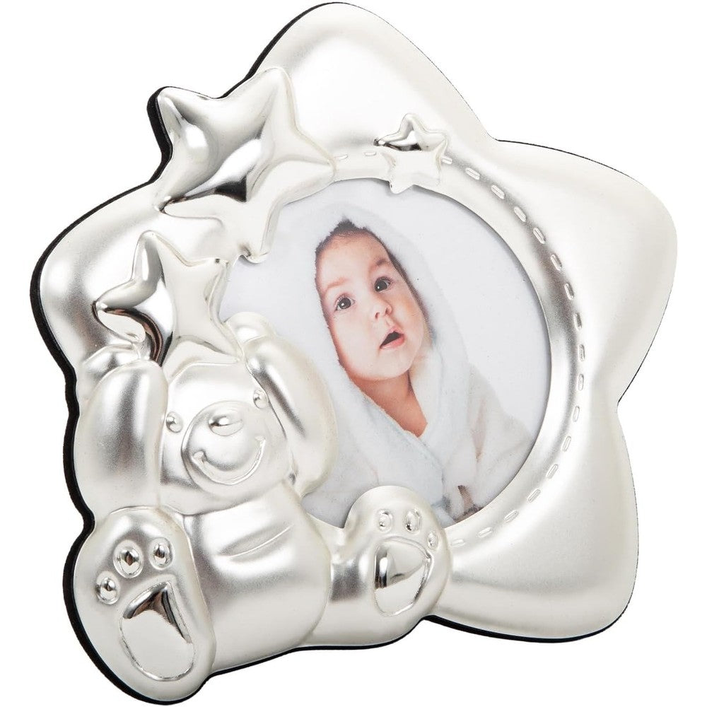 Happy Homewares star shaped baby picture frame with teddy bear front view
