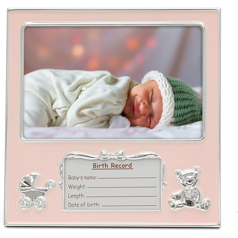 Mimosa Moments silver-tone bear and pram baby girl frame front view