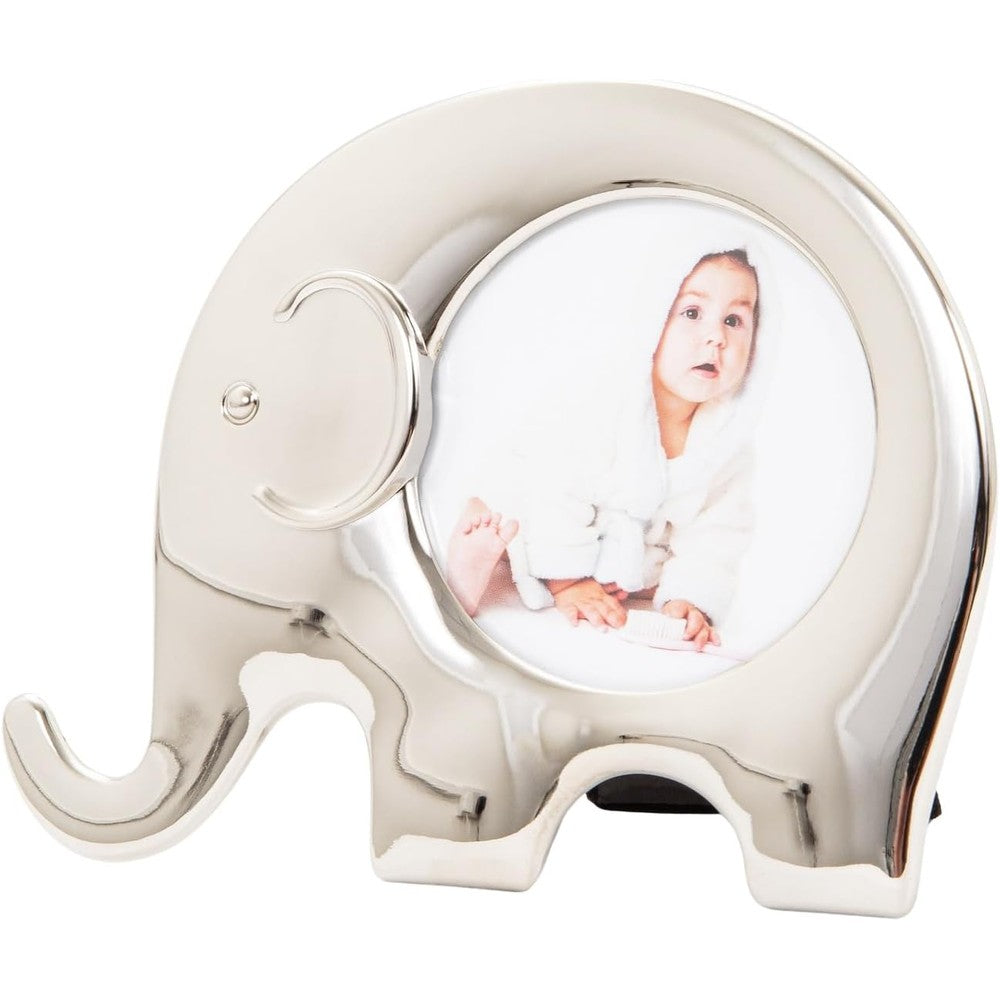 Happy Homewares Modern Standing Elephant Themed Shiny Nickel Plated Baby Circular Picture Frame With Black Velveteen Felt Backing - Image 1