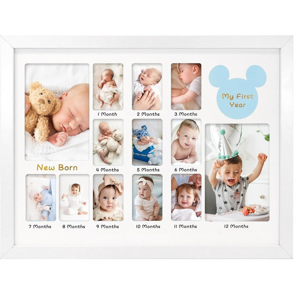 FramePro my first year baby photo frame front view showing white wooden finish and thirteen multi photo slots
