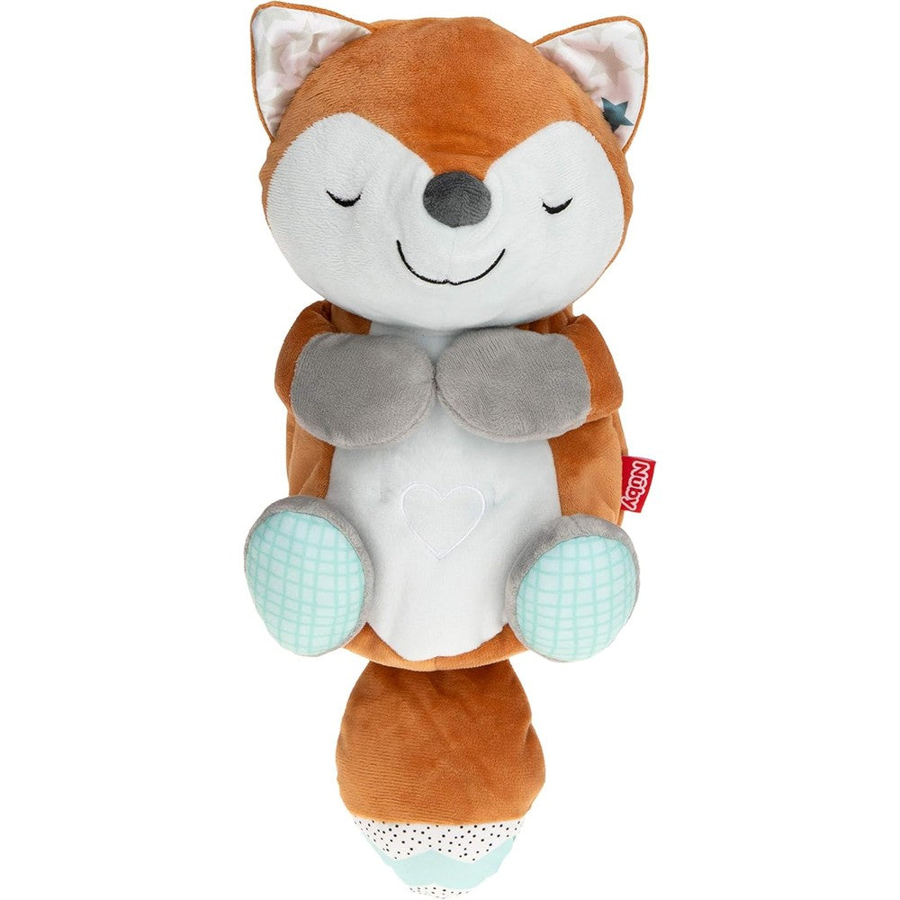 Nuby Lifelike Animated Sleeping Fox plush sleep soother front view showing orange fur and heart tummy mark.