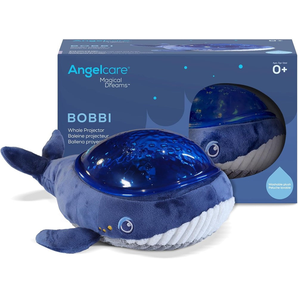 Angelcare Bobbi The Whale baby night light projector front view showing plush blue whale design.
