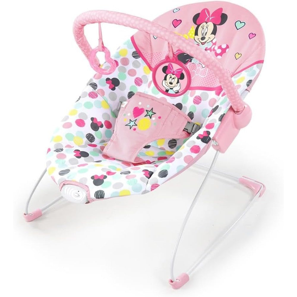 Bright Starts Disney Baby Minnie Mouse baby bouncer front view showing pink polka dot pattern and plush seat cushion.