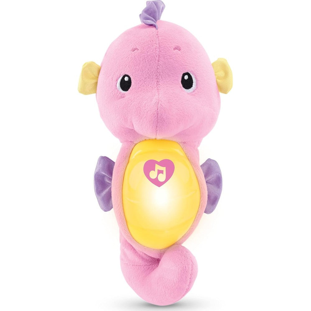 Fisher-Price Soothe and Glow Seahorse pink plush baby sound machine front view showing the soft glowing belly.