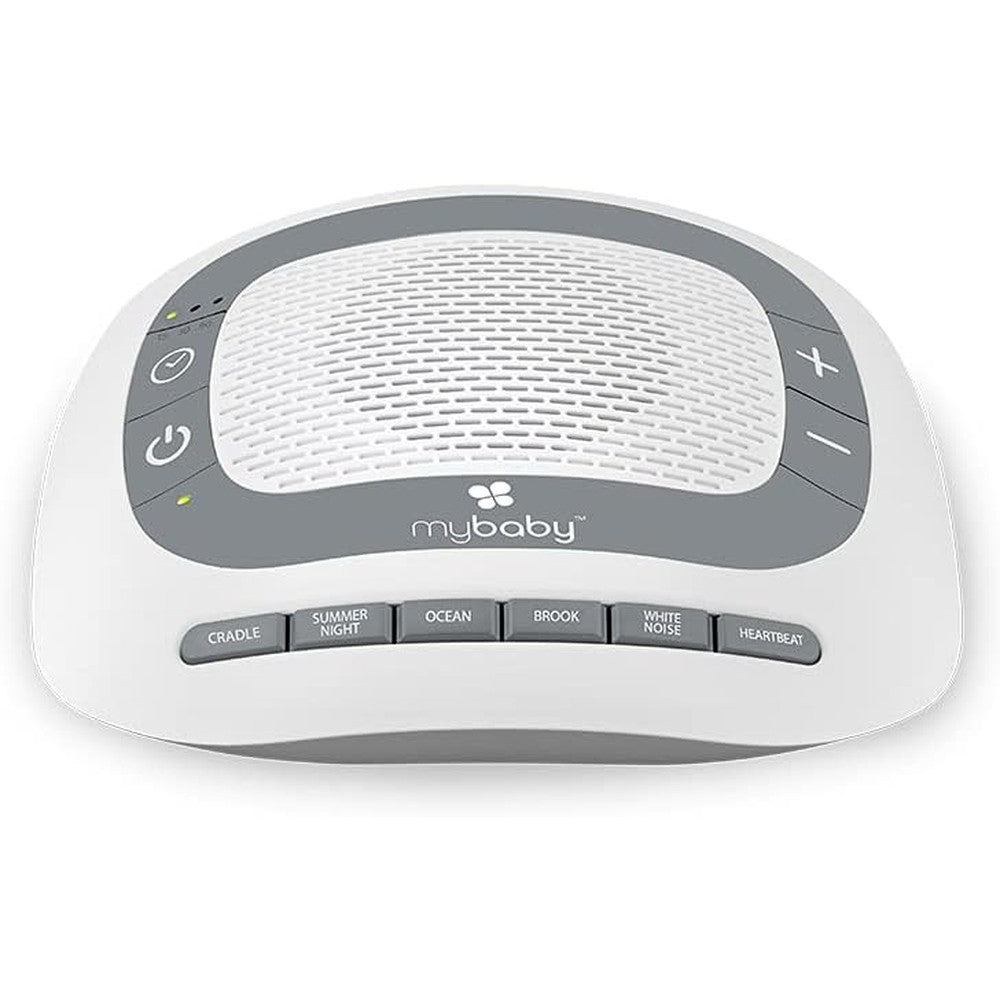 MyBaby SoundSpa Portable White Noise Machine front view showing speaker grille and control buttons.