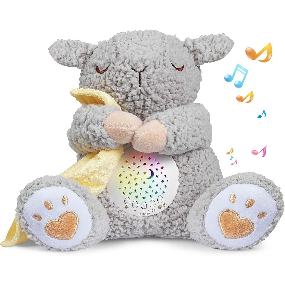 BEREST Rechargeable Baby Sleep Soother grey sheep front view on a nursery table