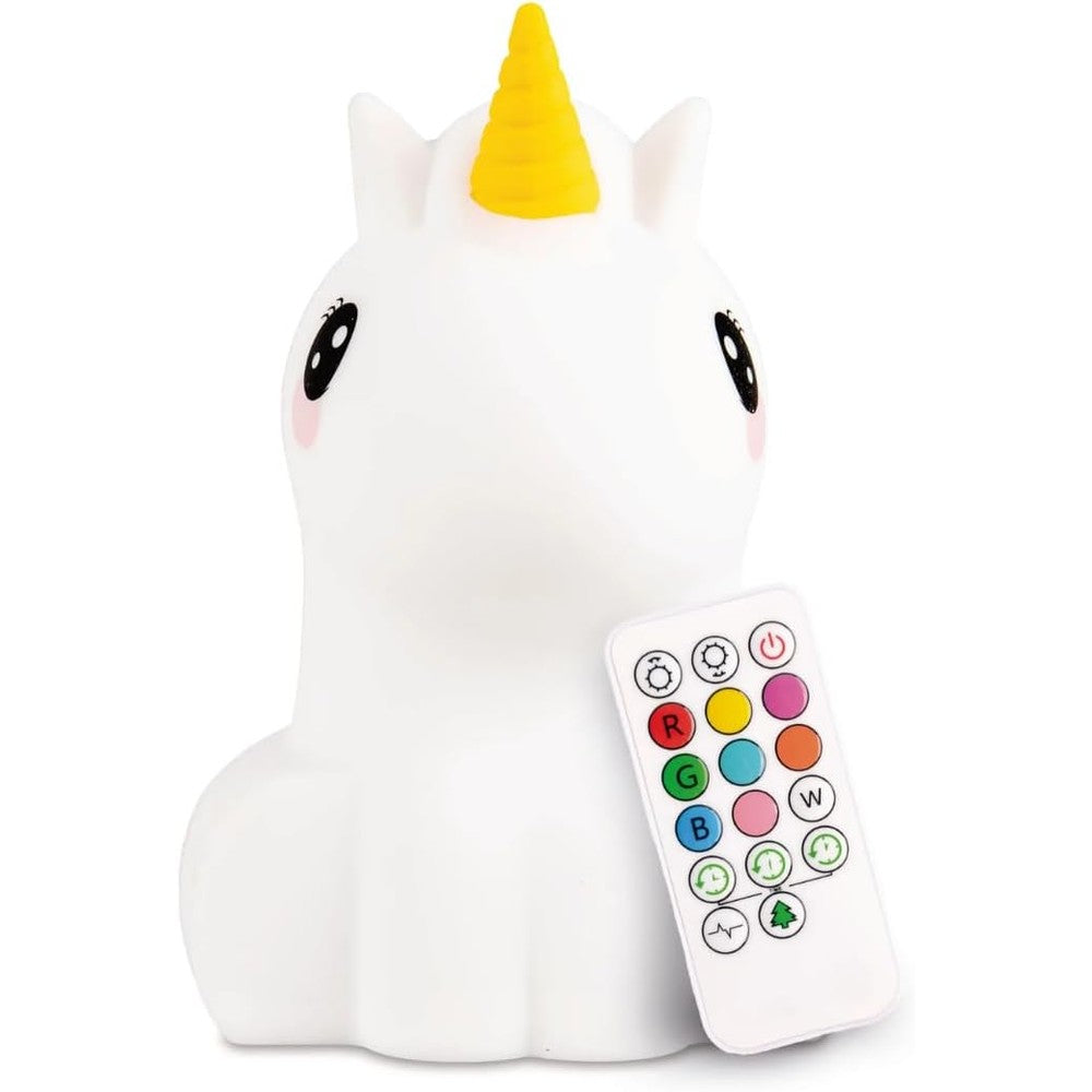 Lumipets remote control silicone night light for kids unicorn design front view on a bedside table