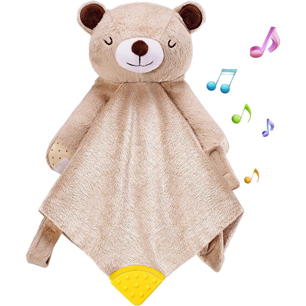 BEREST Rechargeable Baby Cry Sensor Sleep Soother Bear front view showing plush fabric and yellow silicone teether.