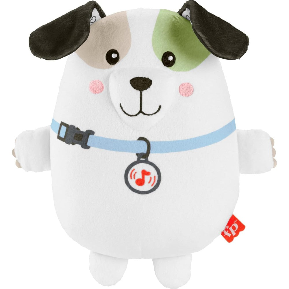 Fisher Price Calming Vibes Puppy Soother plush portable sound machine front view demonstrating soft fabric textures for newborn comfort
