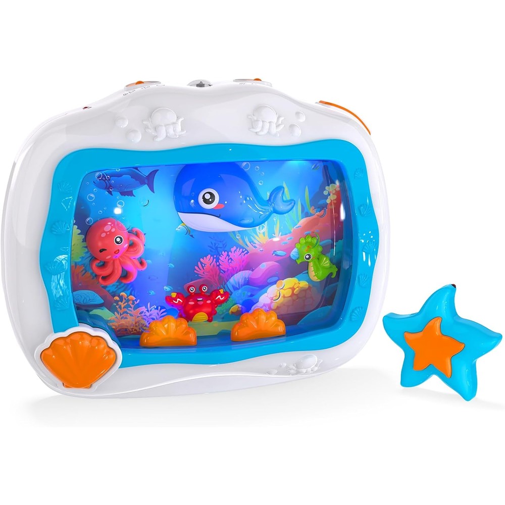 Innofans baby aquarium toy sleep soother front view showing colorful moving sea animal characters and soft glowing blue lights.