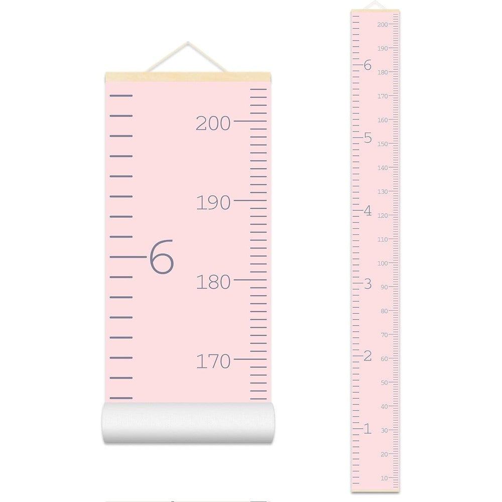 Asenart minimalist pink Nordic height chart front view on wall.