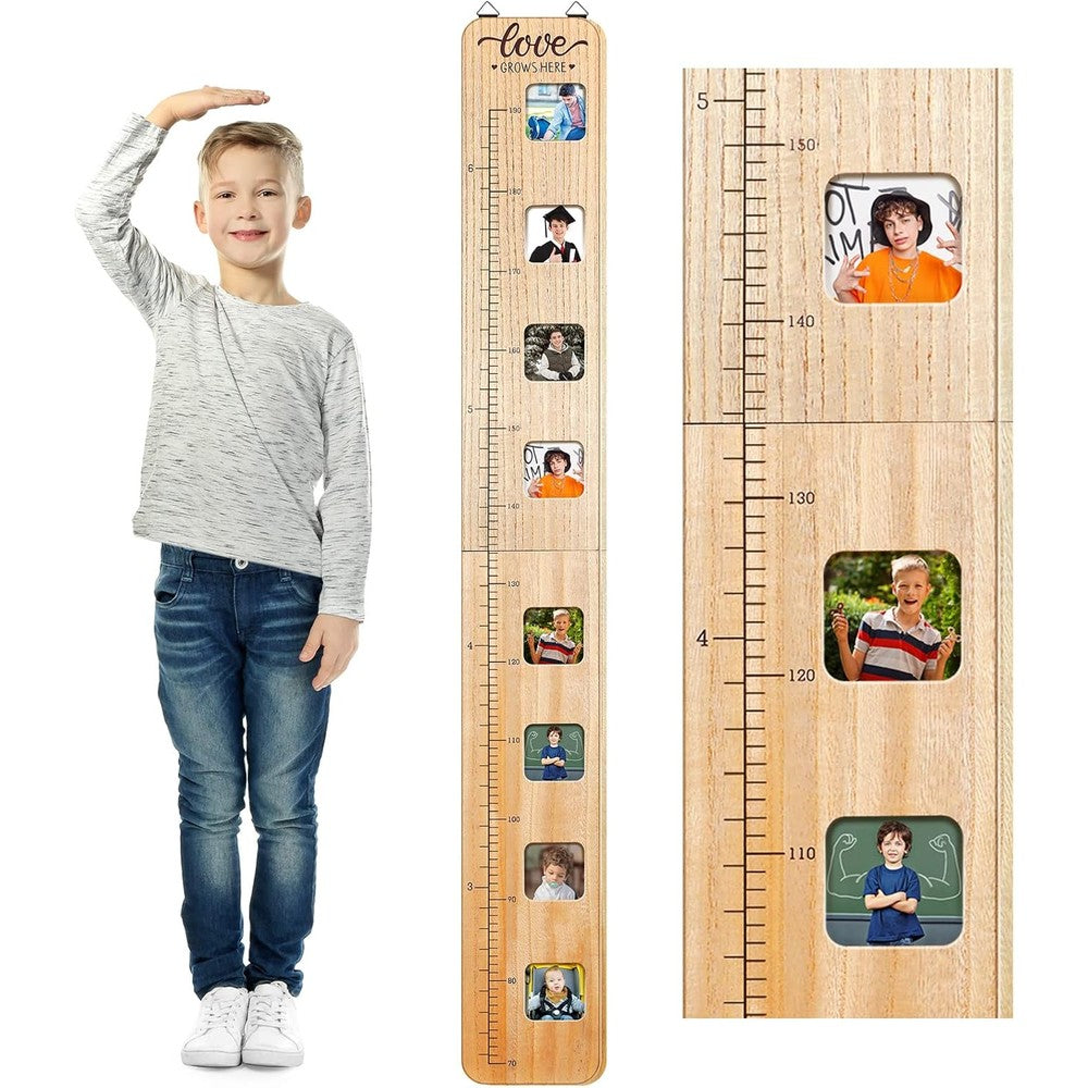 Chunful wooden growth chart for kids front view showing premium wood texture and milestone markers.