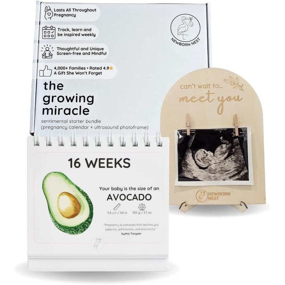 Newborn Nest Growing Miracle pregnancy calendar bundle front view showing weekly flip chart and wooden ultrasound frame.