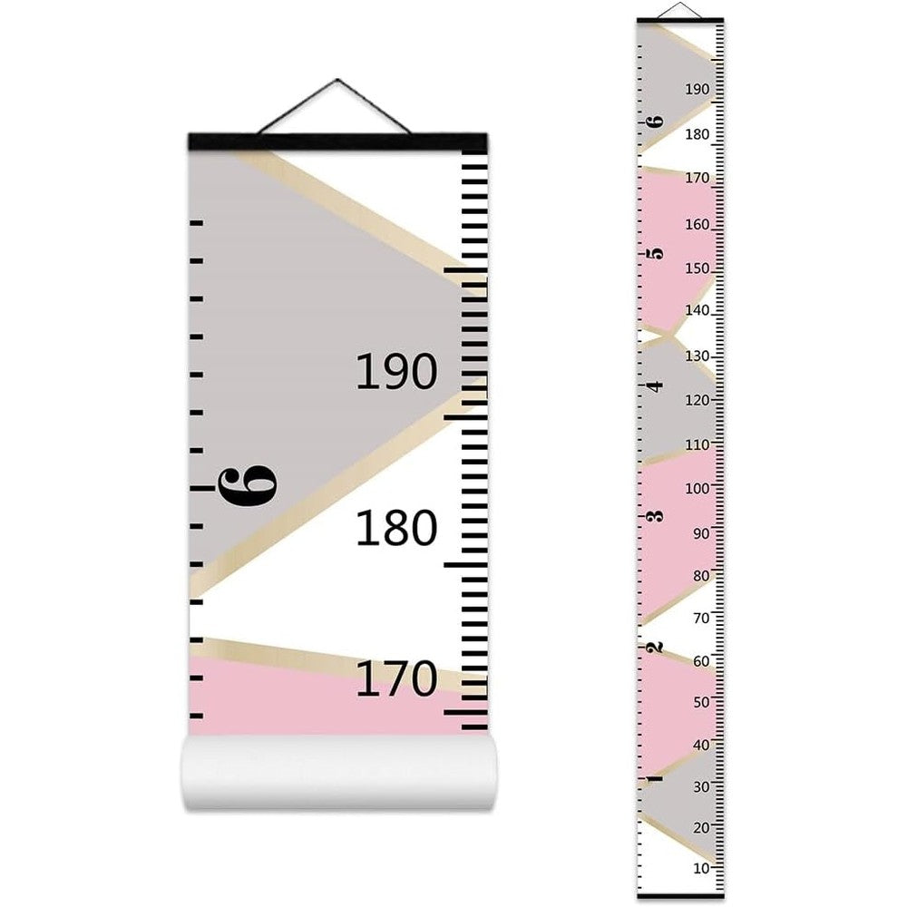 ASENART pink gray color block kids growth chart front view on a modern nursery wall.
