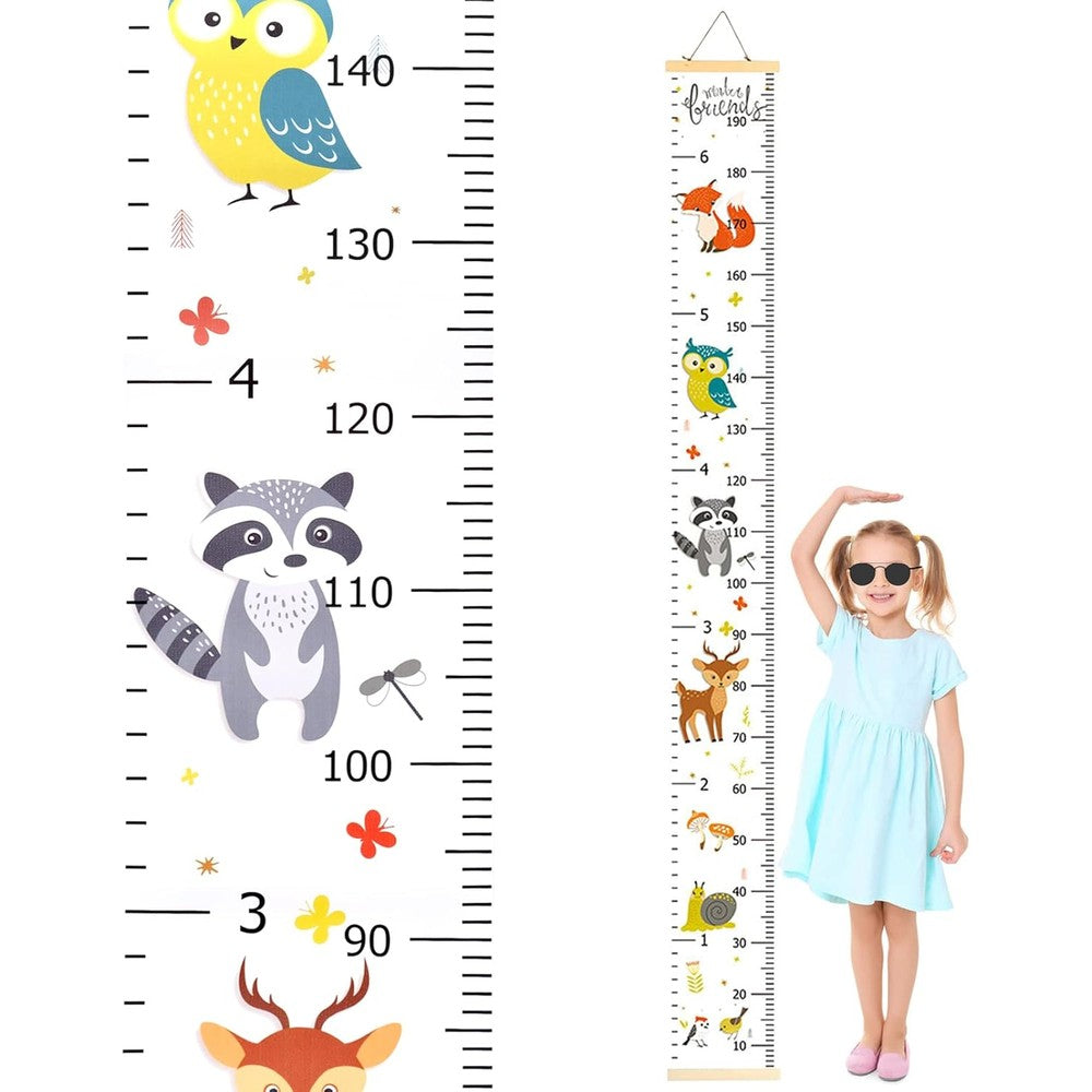 JLNGTHONG height chart for kids front view showing woodland forest animal illustrations on canvas fabric