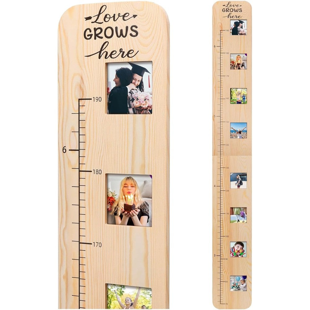 Garybank solid wood growth chart for kids front view showing eight picture frames on nursery wall.