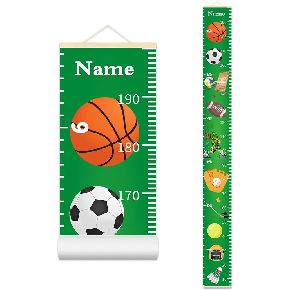 Nustila personalized kids growth chart front view featuring vibrant sports balls theme on canvas.