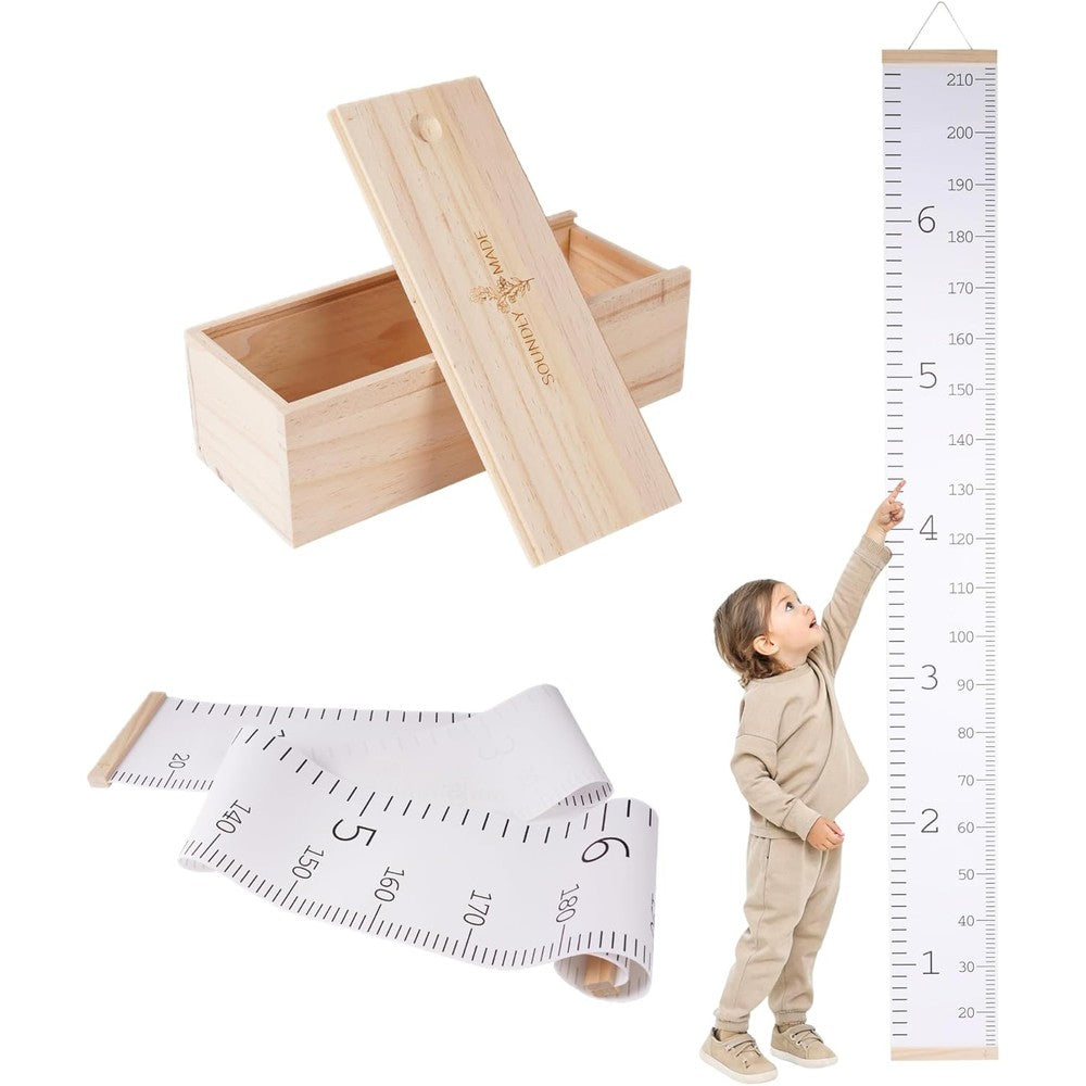 Soundly Made kids height growth chart canvas ruler front view with wooden bars hanging on a nursery wall