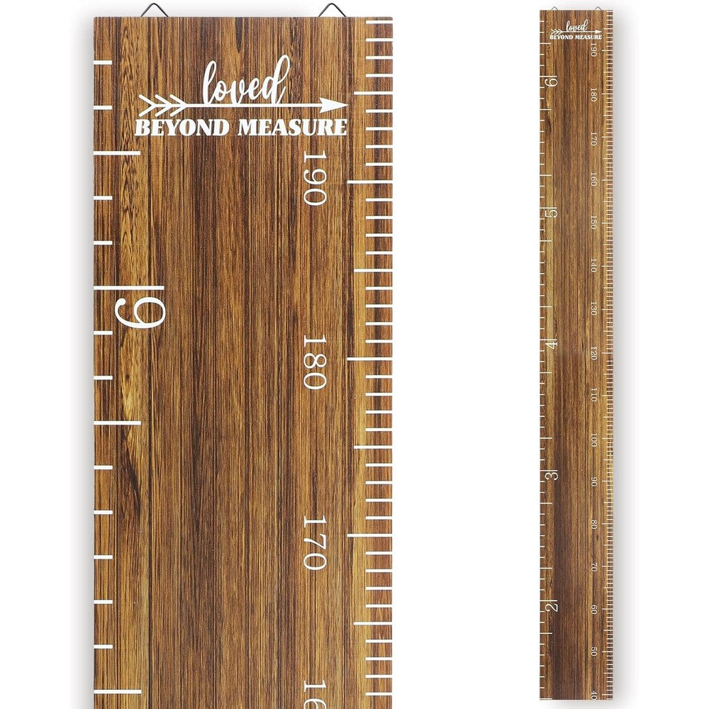 Eersida wooden ruler kids growth chart front view showing engraved loved beyond measure quote.