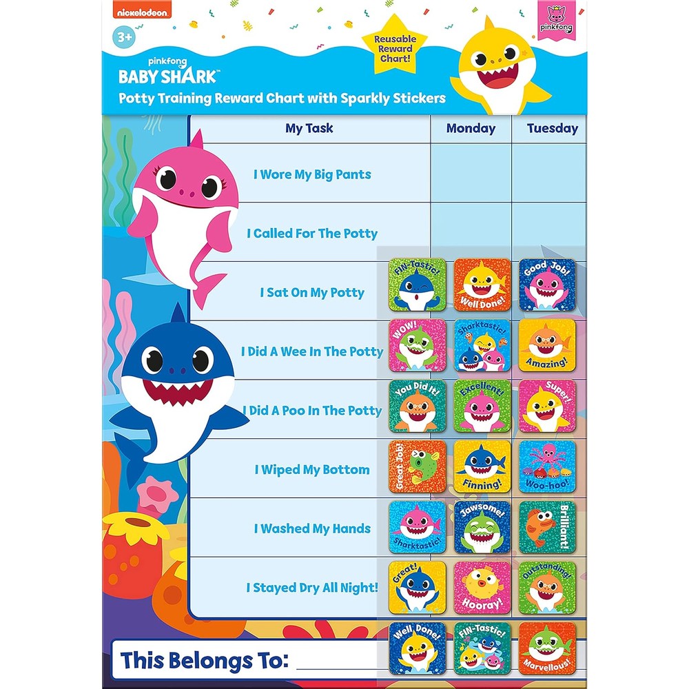 Paper Projects Baby Shark potty training reward chart front view displaying blue A3 board and glitter stickers
