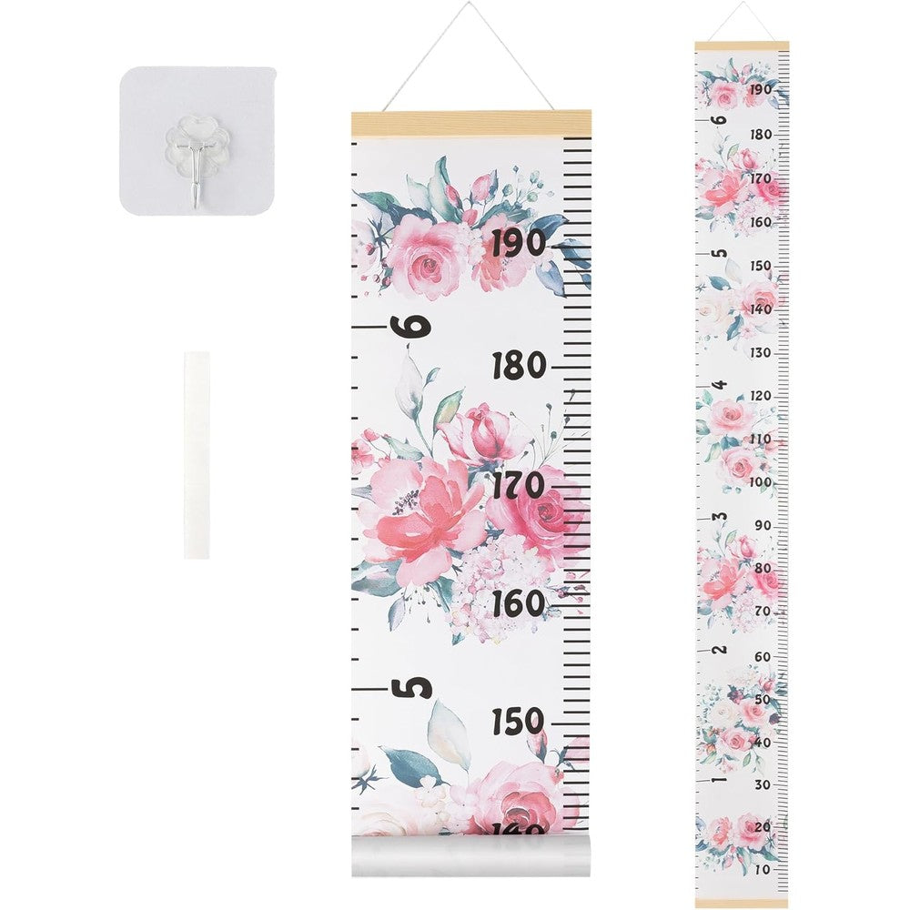BESSLEE Canvas Kids Growth Chart front view showing pink floral pattern and wooden frame hanging on nursery wall.