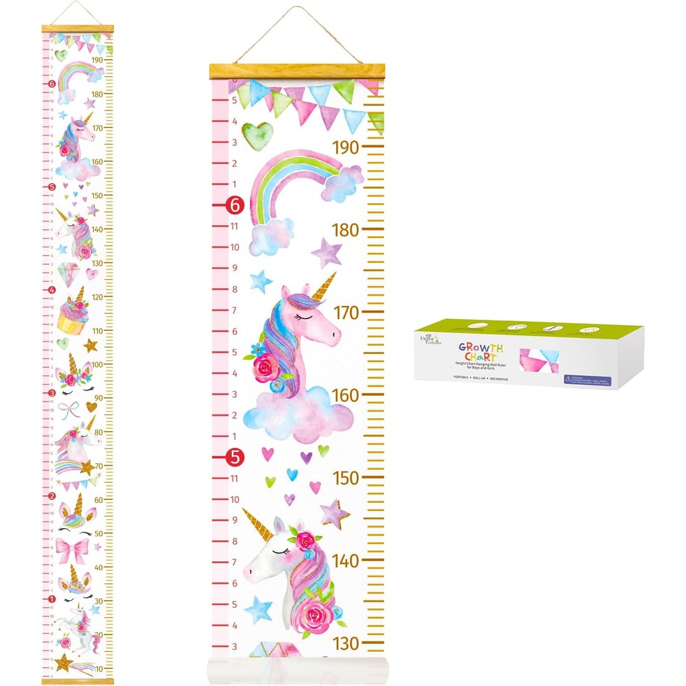 HomeEvolution Kids Growth Chart front view showing full length unicorn and rainbow canvas ruler with wooden frames.