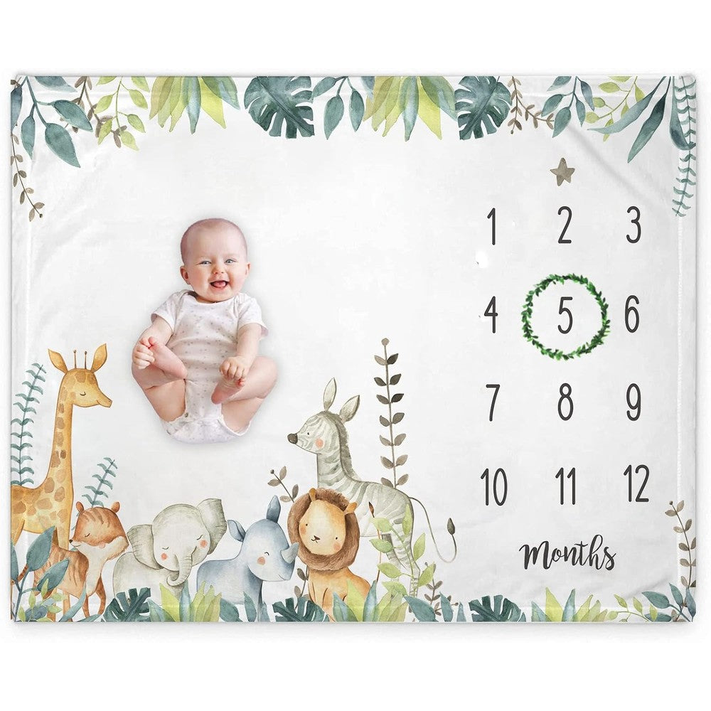 Popfavors Safari Baby Monthly Milestone Blanket front view featuring colorful jungle animals print layout