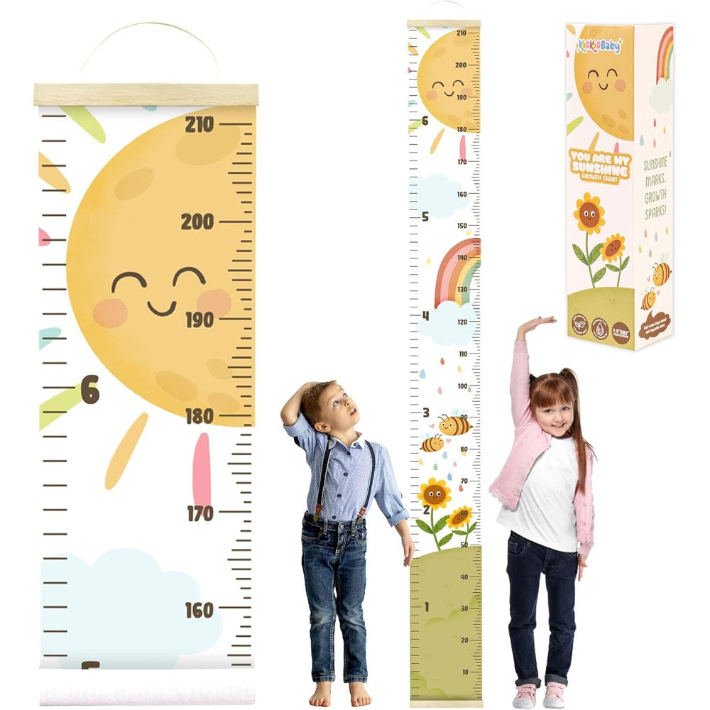 KooKooBaby Kids Growth Chart front view premium canvas height scale hanging in a modern nursery room.