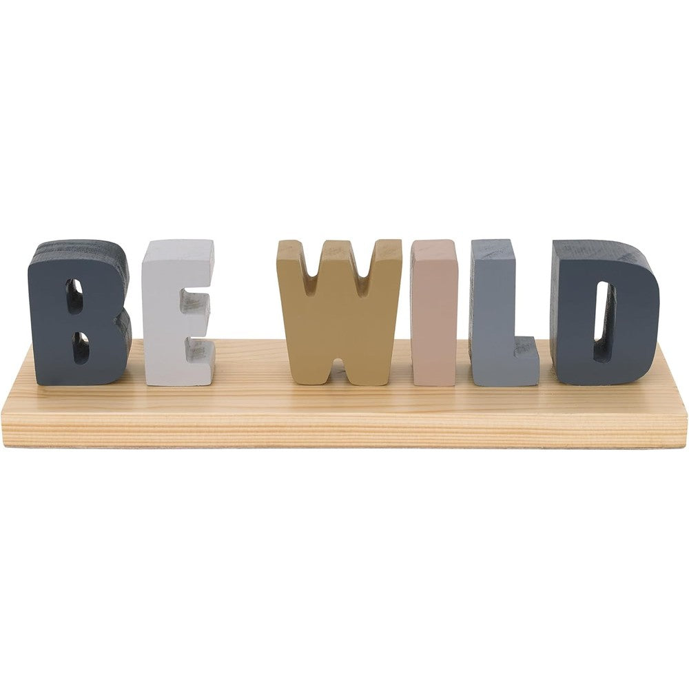 NoJo Little Love Be Wild Shelfie Room Décor front view showcasing multi-colored freestanding letters on a wooden base.
