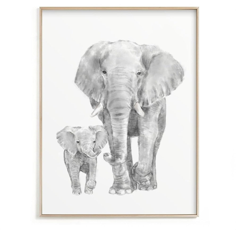 Triple Studio Gentle Giants elephant wall art front view displaying mother and baby watercolor painting.