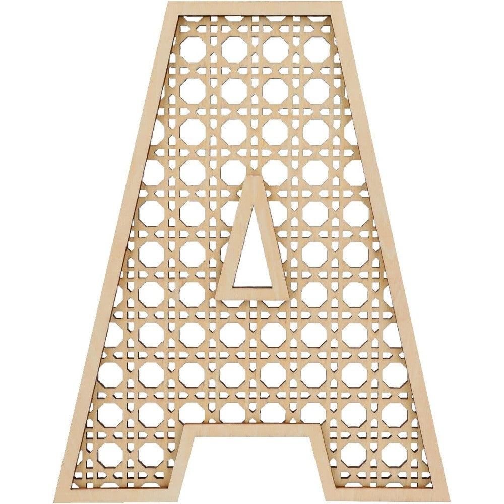 Ethanberg wooden rattan letter A front view showcasing rustic boho nursery decor style.