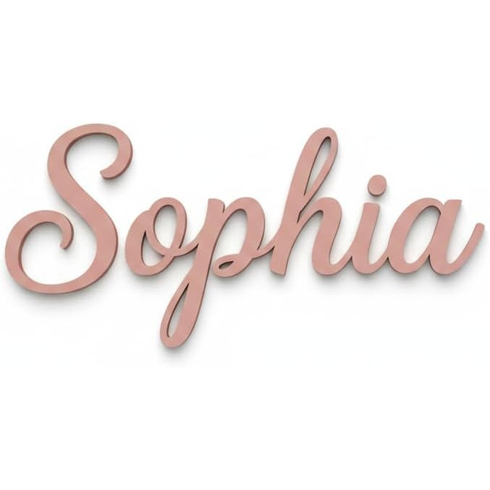 Handmade wooden nursery name sign front view in light pink script finish