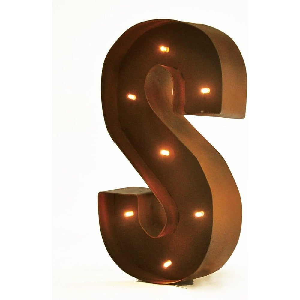 Modern Home rustic vintage decorative LED light glow letter S front view showing industrial metal frame