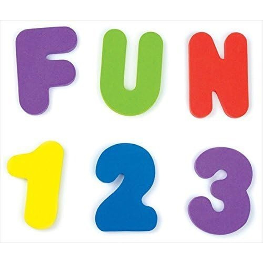 Munchkin Bath Letters And Numbers seventy-two count front packaging view showing colorful educational toddler foam toys.