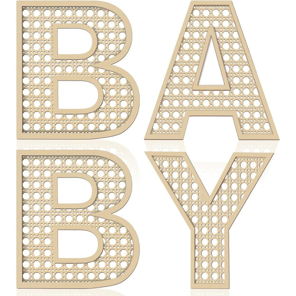 She Love Wooden Rattan Baby Letters front view of four piece boho nursery wall decor set.