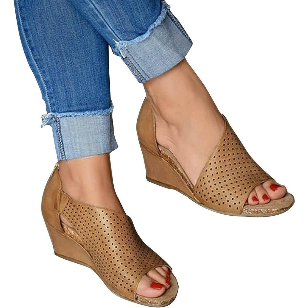 CHEWYNP ZBYY women's zipper wedge sandals front view showing black perforated upper and peep toe design