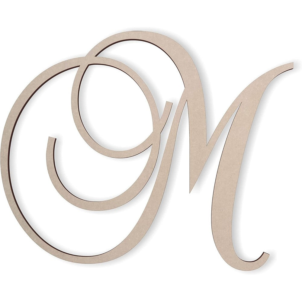 Jess and Jessica Wooden Letter M front view unfinished cursive monogram for DIY painting wall decor.
